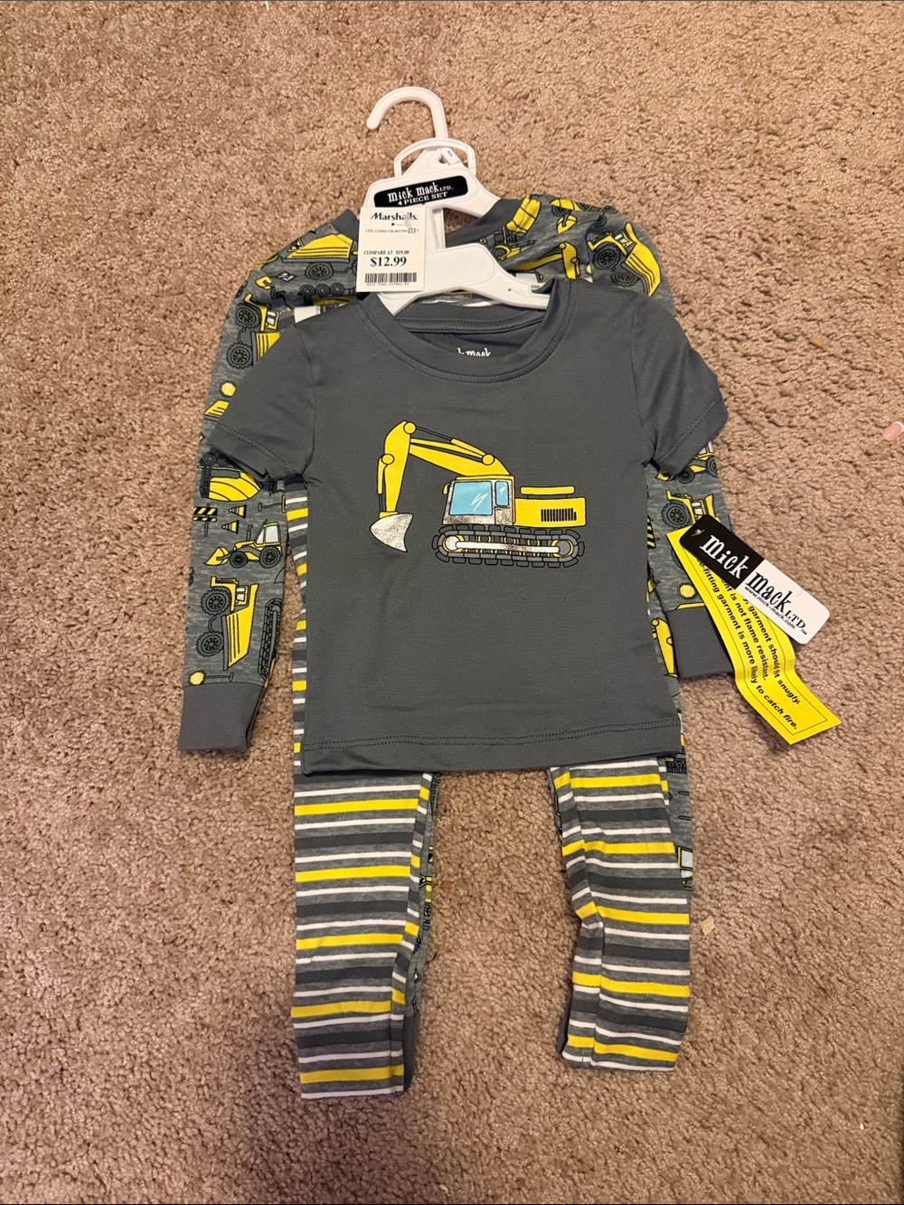 Mick Mack Kids Gray and Yellow Excavator Pajama Set
